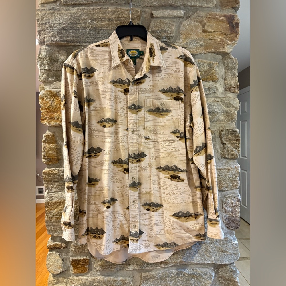 Cabela's Outdoor Mountain Range Buffalo Nature Scenic Chamois Shirt L Tall